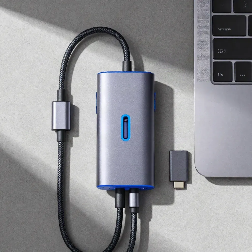 Flatlay dall’alto di hub USB-C a quattro porte con cavi ordinati, adattatore e bordo laptop.