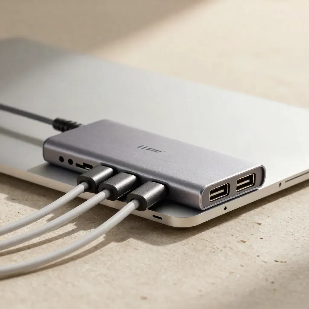 Hub USB-C a sette porte con cavi su metallo spazzolato e bordo laptop, luce radente